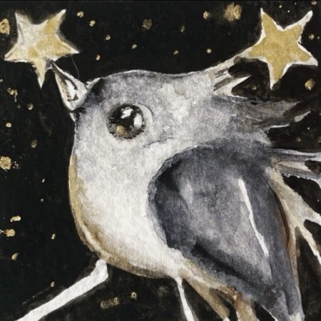 Mounted ACEO Original Whimsical Bird catching a Star Watercraft