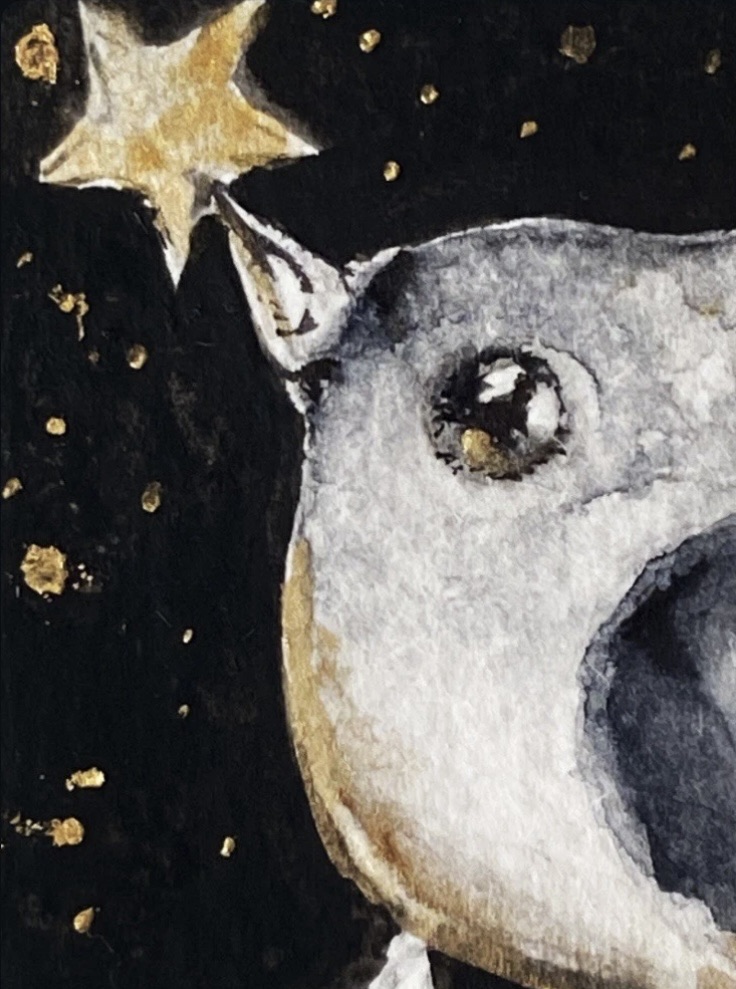 Mounted ACEO Original Whimsical Bird catching a Star Watercraft