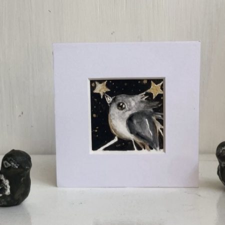 Mounted ACEO Original Whimsical Bird catching a Star Watercraft