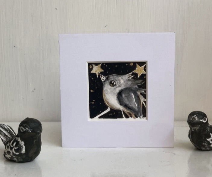 Mounted ACEO Original Whimsical Bird catching a Star Watercraft