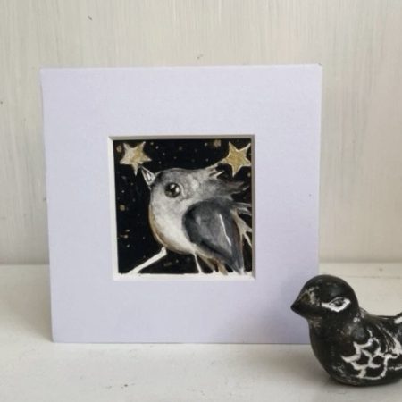 Mounted ACEO Original Whimsical Bird catching a Star Watercraft