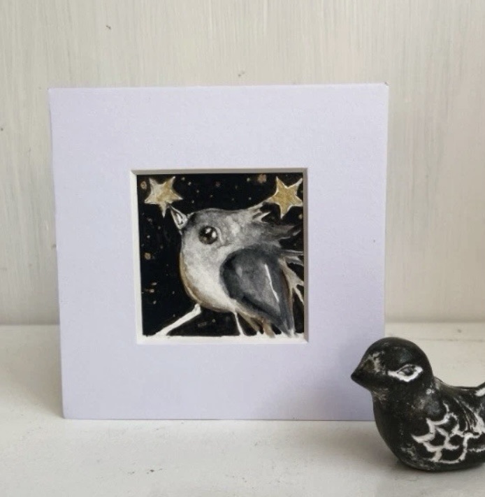 Mounted ACEO Original Whimsical Bird catching a Star Watercraft