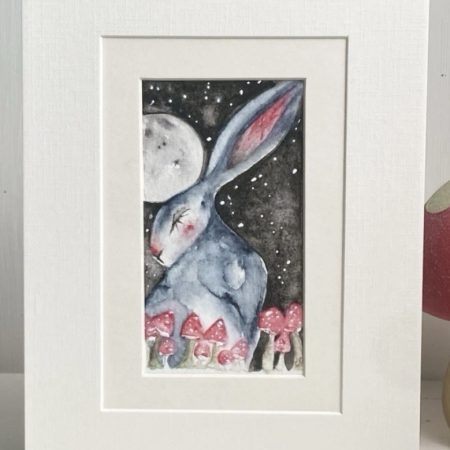 Mounted Whimsical Hare/Rabbit with Mushrooms under the Moon Watercolour