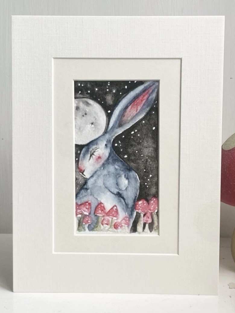Mounted Whimsical Hare/Rabbit with Mushrooms under the Moon Watercolour