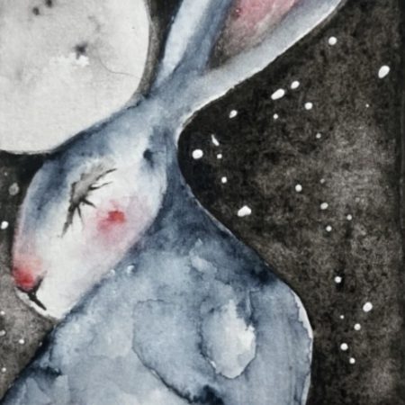 Mounted Whimsical Hare/Rabbit with Mushrooms under the Moon Watercolour