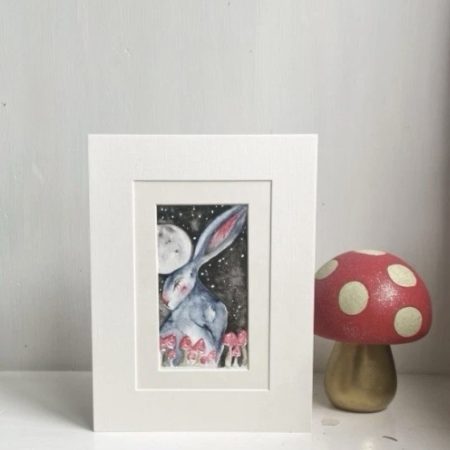 Mounted Whimsical Hare/Rabbit with Mushrooms under the Moon Watercolour