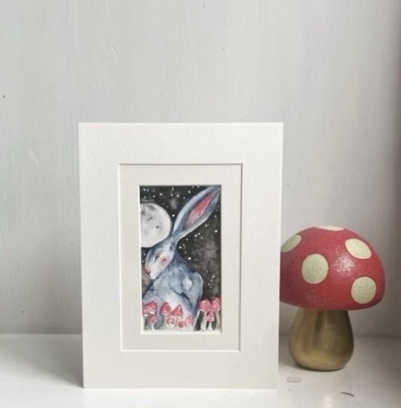Mounted Whimsical Hare/Rabbit with Mushrooms under the Moon Watercolour