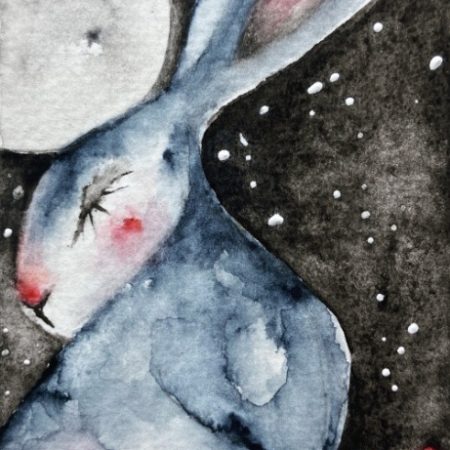 Mounted Whimsical Hare/Rabbit with Mushrooms under the Moon Watercolour