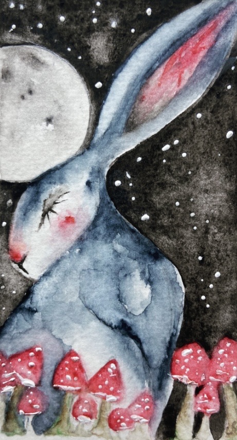 Mounted Whimsical Hare/Rabbit with Mushrooms under the Moon Watercolour