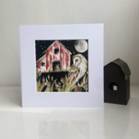 Mounted Original Whimsical Owl and Barn under a Full Moon Watercolour