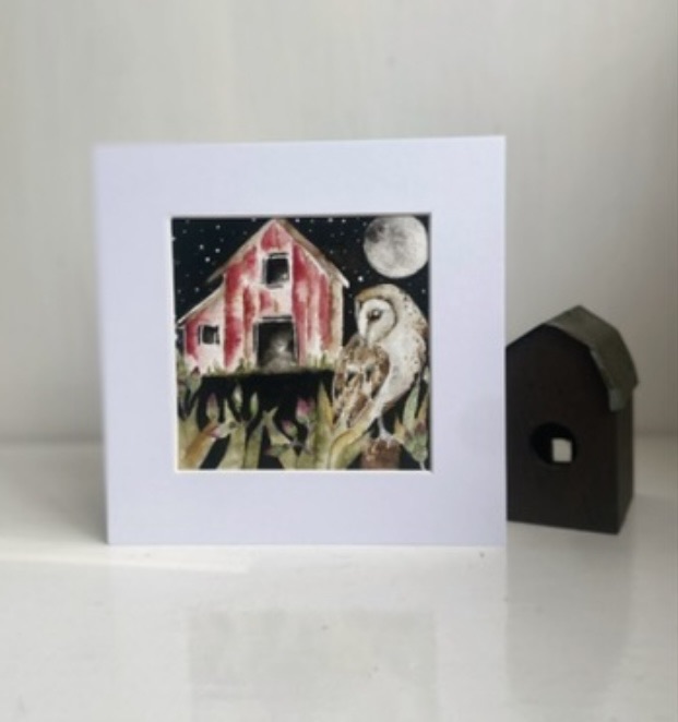Mounted Original Whimsical Owl and Barn under a Full Moon Watercolour