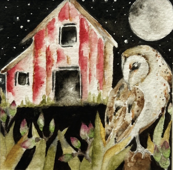 Mounted Original Whimsical Owl and Barn under a Full Moon Watercolour