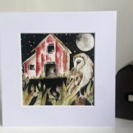 Mounted Original Whimsical Owl and Barn under a Full Moon Watercolour
