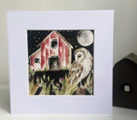 Mounted Original Whimsical Owl and Barn under a Full Moon Watercolour