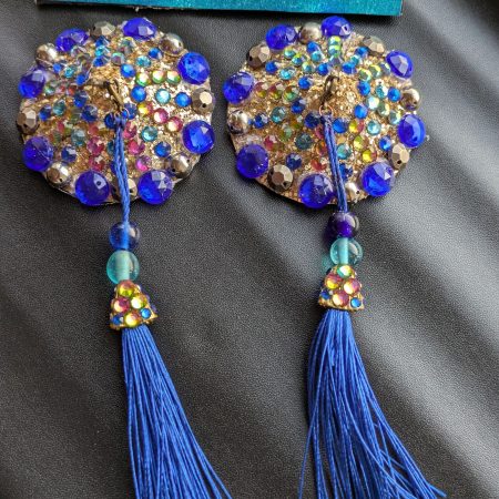 Handmade burlesque nipple tassels pastie blue and brass studs