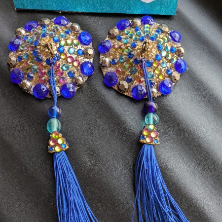 Handmade burlesque nipple tassels pastie blue and brass studs