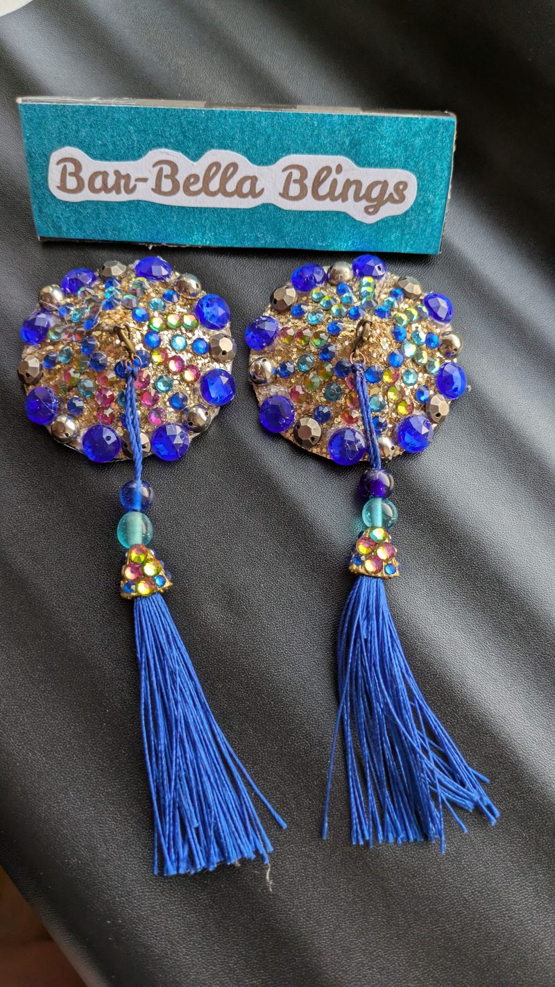 Handmade burlesque nipple tassels pastie blue and brass studs