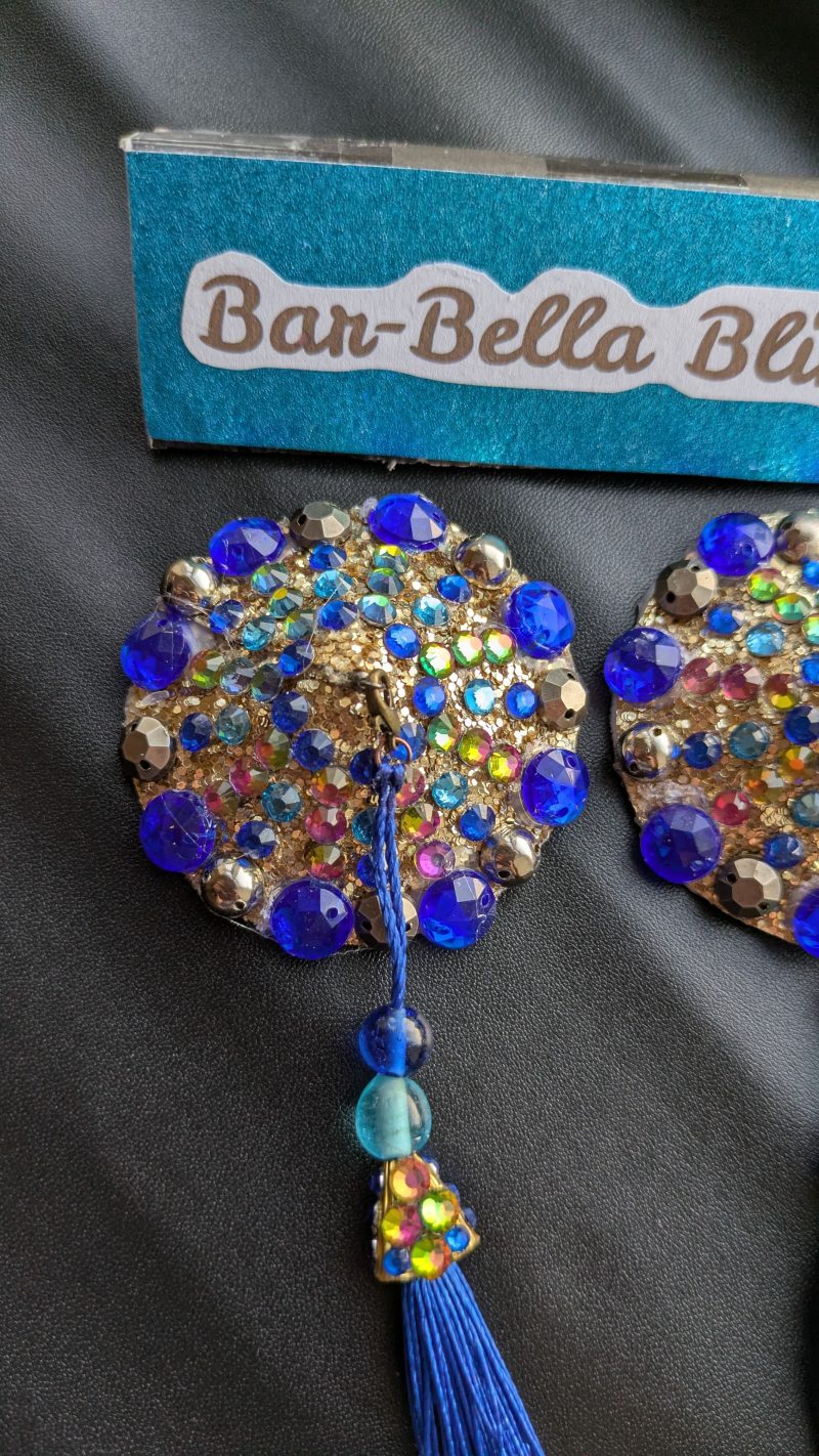 Handmade burlesque nipple tassels pastie blue and brass studs