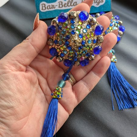 Handmade burlesque nipple tassels pastie blue and brass studs