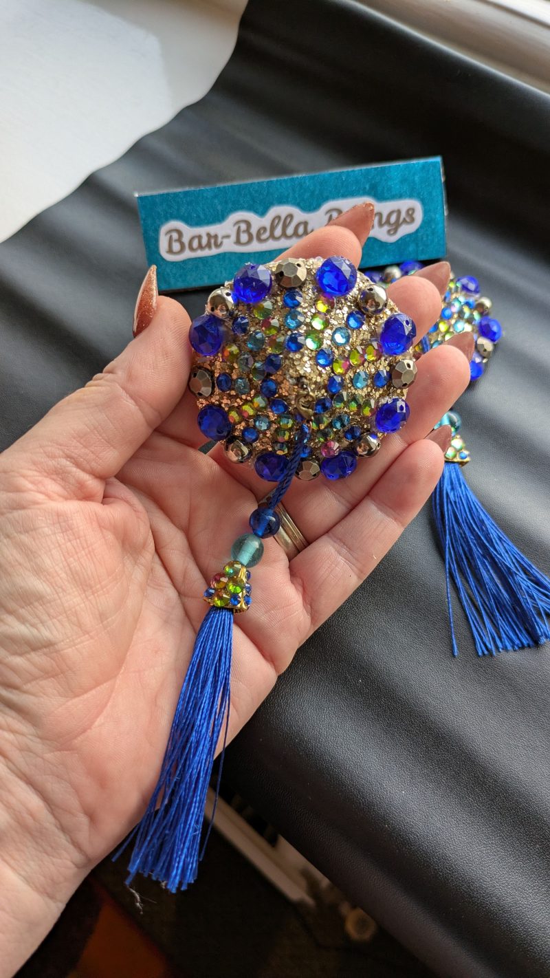 Handmade burlesque nipple tassels pastie blue and brass studs