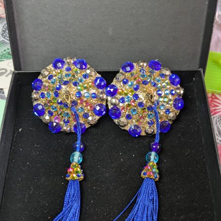 Handmade burlesque nipple tassels pastie blue and brass studs