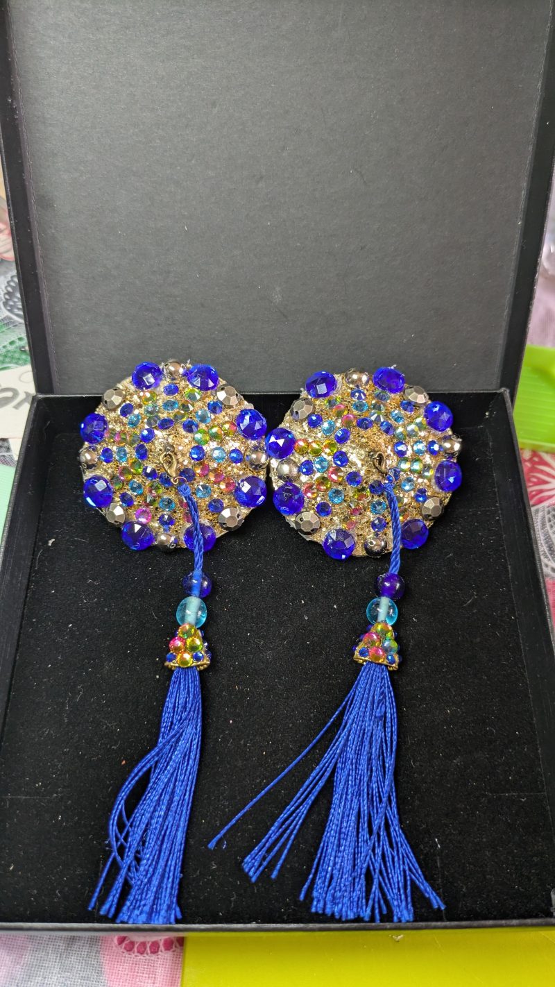 Handmade burlesque nipple tassels pastie blue and brass studs
