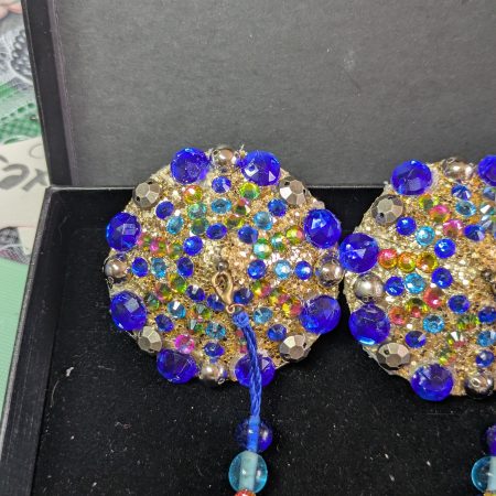 Handmade burlesque nipple tassels pastie blue and brass studs