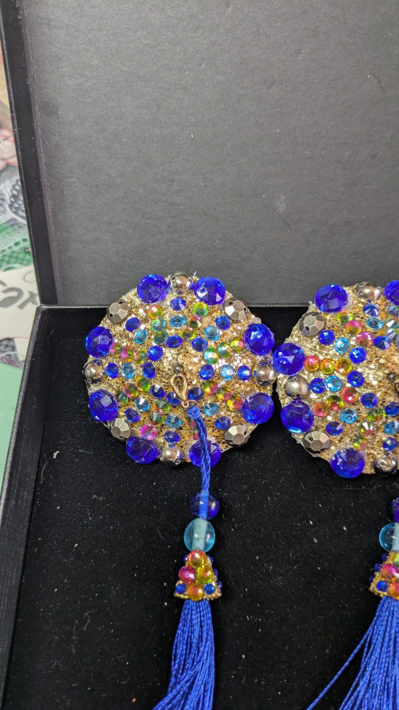 Handmade burlesque nipple tassels pastie blue and brass studs