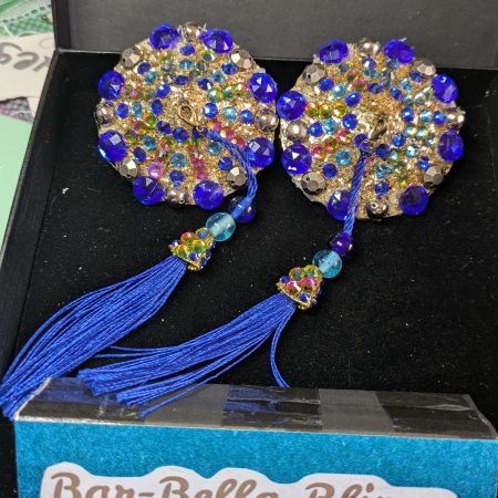 Handmade burlesque nipple tassels pastie blue and brass studs