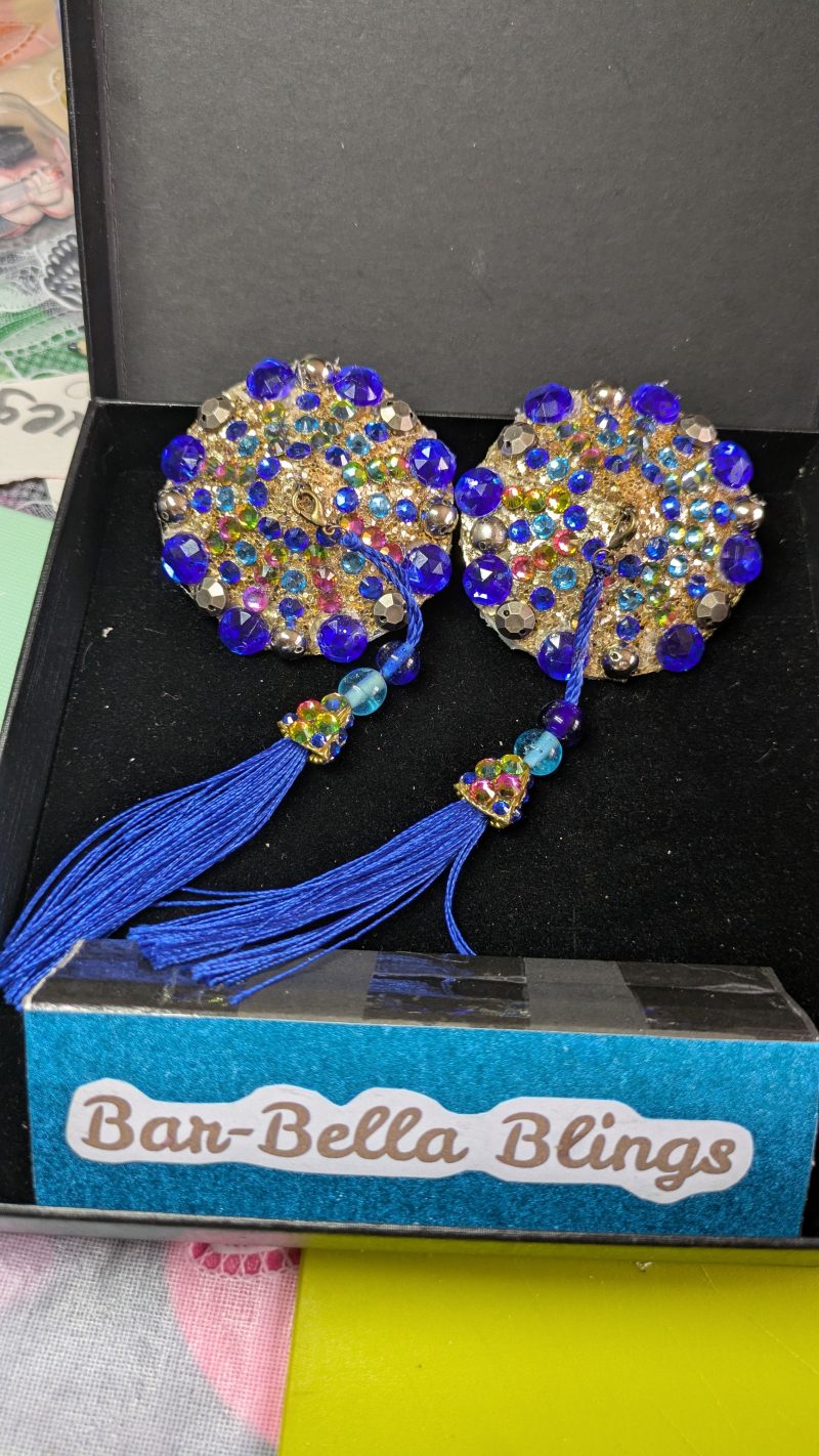 Handmade burlesque nipple tassels pastie blue and brass studs