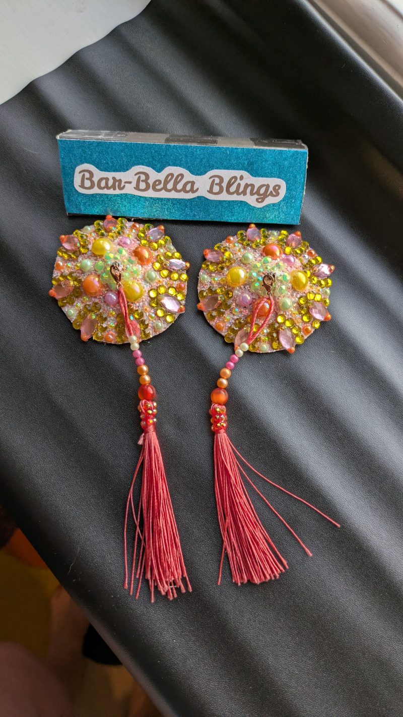 Handmade burlesque nipple tassels pasties tutti frutti colour designer