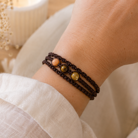 Abundance & Confidence Adjustable Crystal Bracelet – Citrine, Tiger’s Eye & Sunstone – Handmade Macramé Bracelet