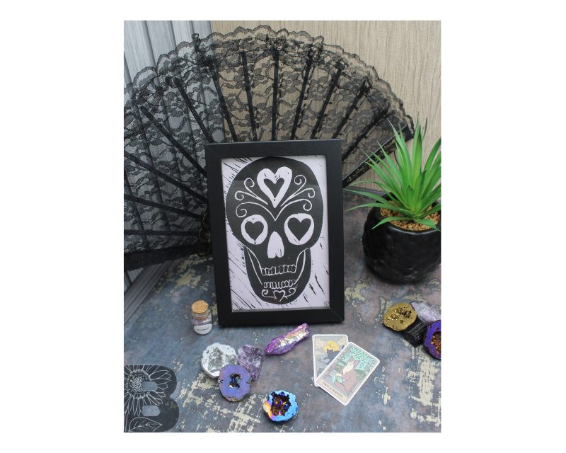 Black and White Skull Lino Print - Hand Printed Artwork