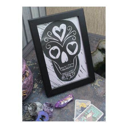Black and White Skull Lino Print - Hand Printed Artwork