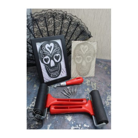 Black and White Skull Lino Print - Hand Printed Artwork