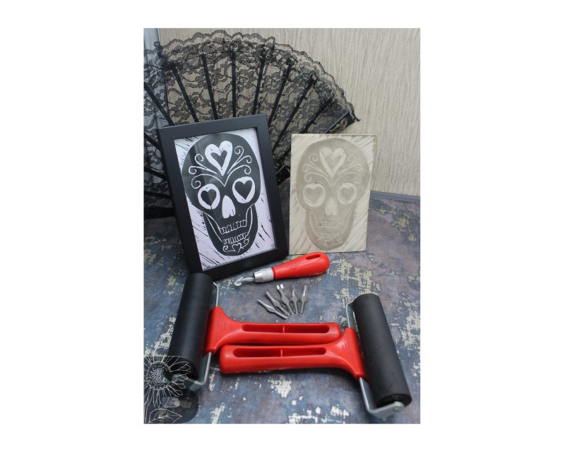 Black and White Skull Lino Print - Hand Printed Artwork