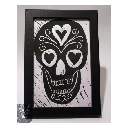 Black and White Skull Lino Print - Hand Printed Artwork