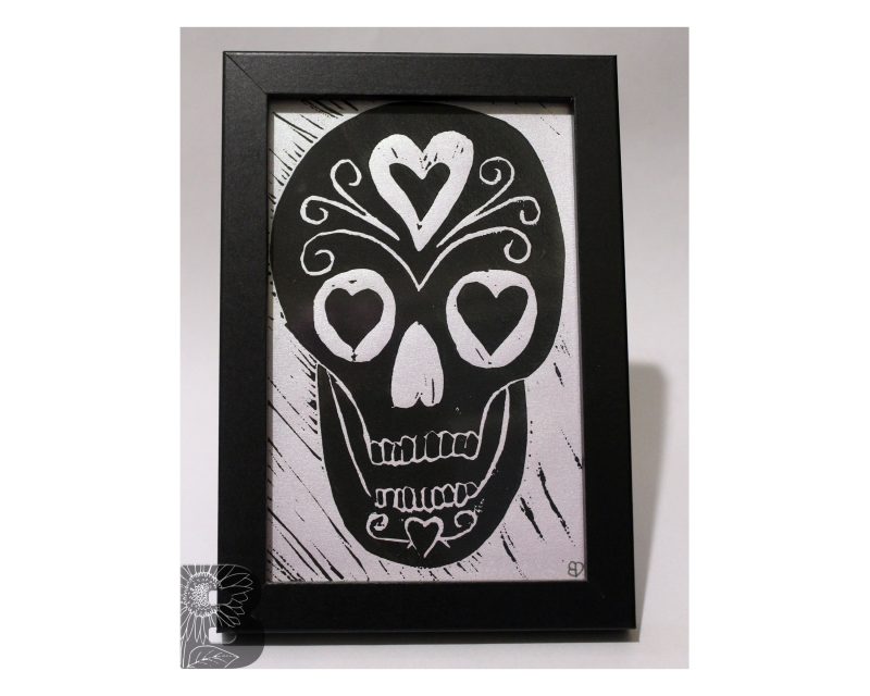 Black and White Skull Lino Print - Hand Printed Artwork