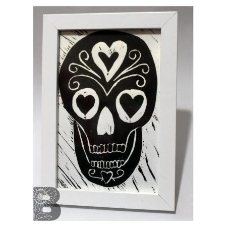 Black and White Skull Lino Print - Hand Printed Artwork