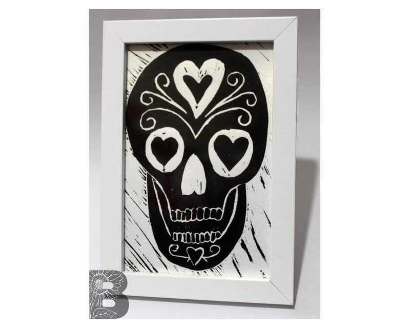 Black and White Skull Lino Print - Hand Printed Artwork