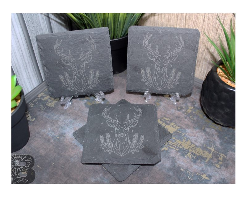 Mixed Set of 4 Slate Coasters with a Custom Stag Design