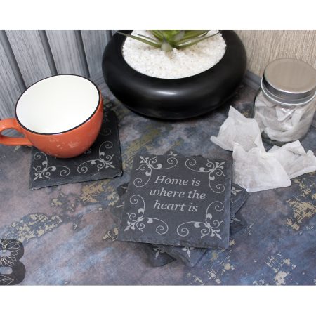 Mixed Set of 4 Slate Coasters with a Rustic Home is Where the Heart Is Design and detailed corners