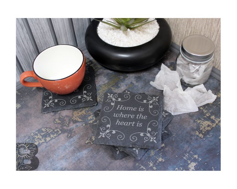 Mixed Set of 4 Slate Coasters with a Rustic Home is Where the Heart Is Design and detailed corners