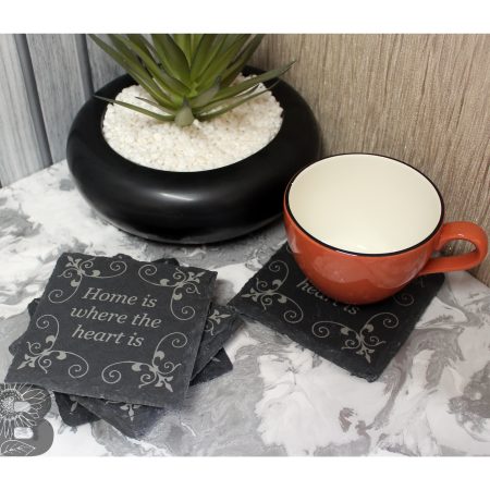 Mixed Set of 4 Slate Coasters with a Rustic Home is Where the Heart Is Design and detailed corners