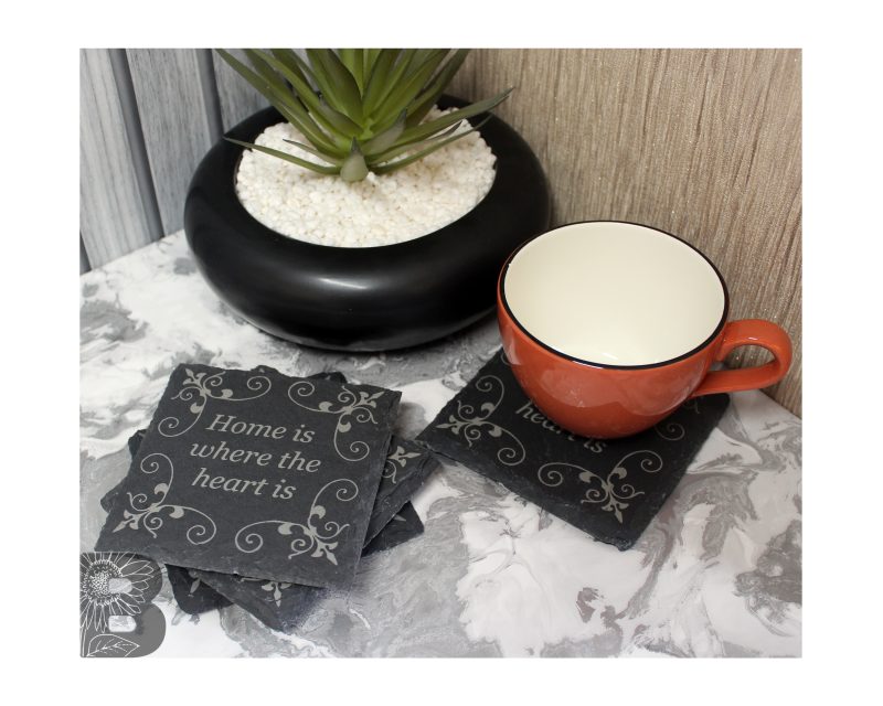 Mixed Set of 4 Slate Coasters with a Rustic Home is Where the Heart Is Design and detailed corners