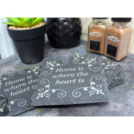 Mixed Set of 4 Slate Coasters with a Rustic Home is Where the Heart Is Design and detailed corners