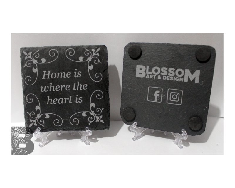 Mixed Set of 4 Slate Coasters with a Rustic Home is Where the Heart Is Design and detailed corners