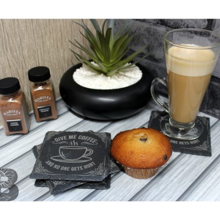 Mixed Set of 4 Slate Coasters with a Custom Coffee Quote Design- Give Me Coffee And No One Gets Hurt