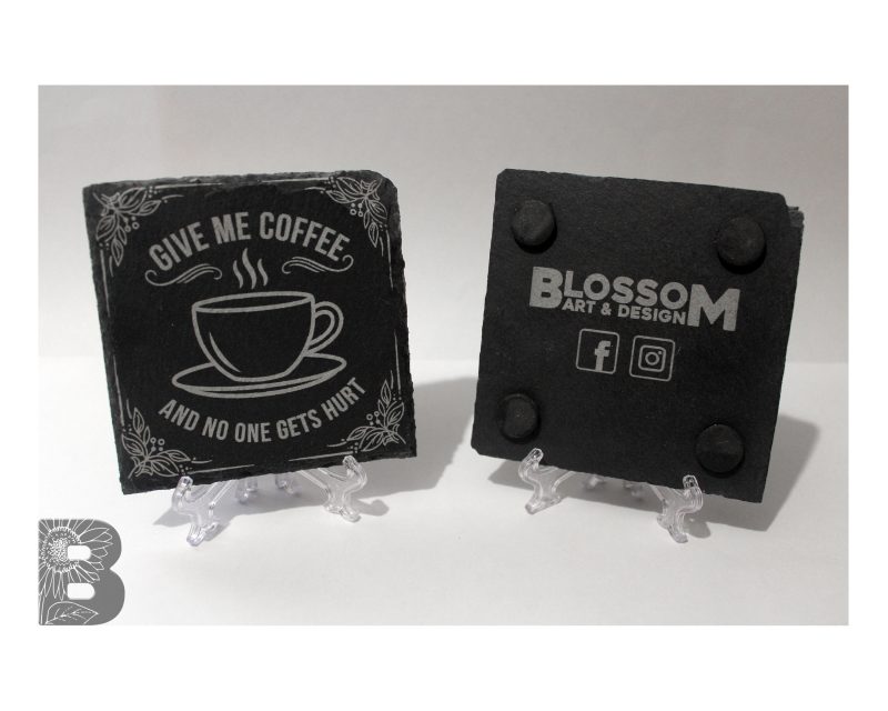 Mixed Set of 4 Slate Coasters with a Custom Coffee Quote Design- Give Me Coffee And No One Gets Hurt