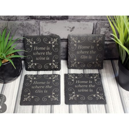 Mixed Set of 4 Slate Coasters with a Custom Home is Where the Wine/Gin Is Design